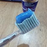 Escova com a pasta de dente roxa TOYADENT aplicada